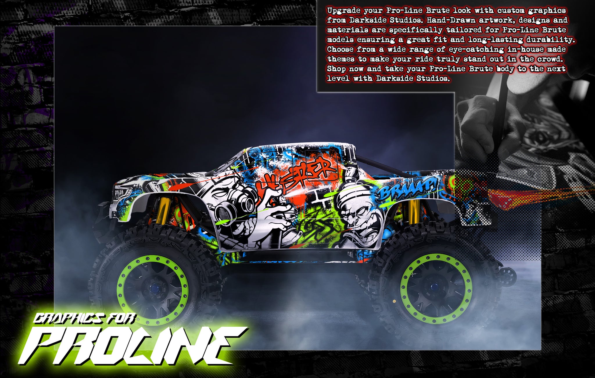 Elevate the appearance of your Pro-Line Brute Bash body with a personalized touch, courtesy of Darkside Studio Arts LLC's body skin protective graphics.