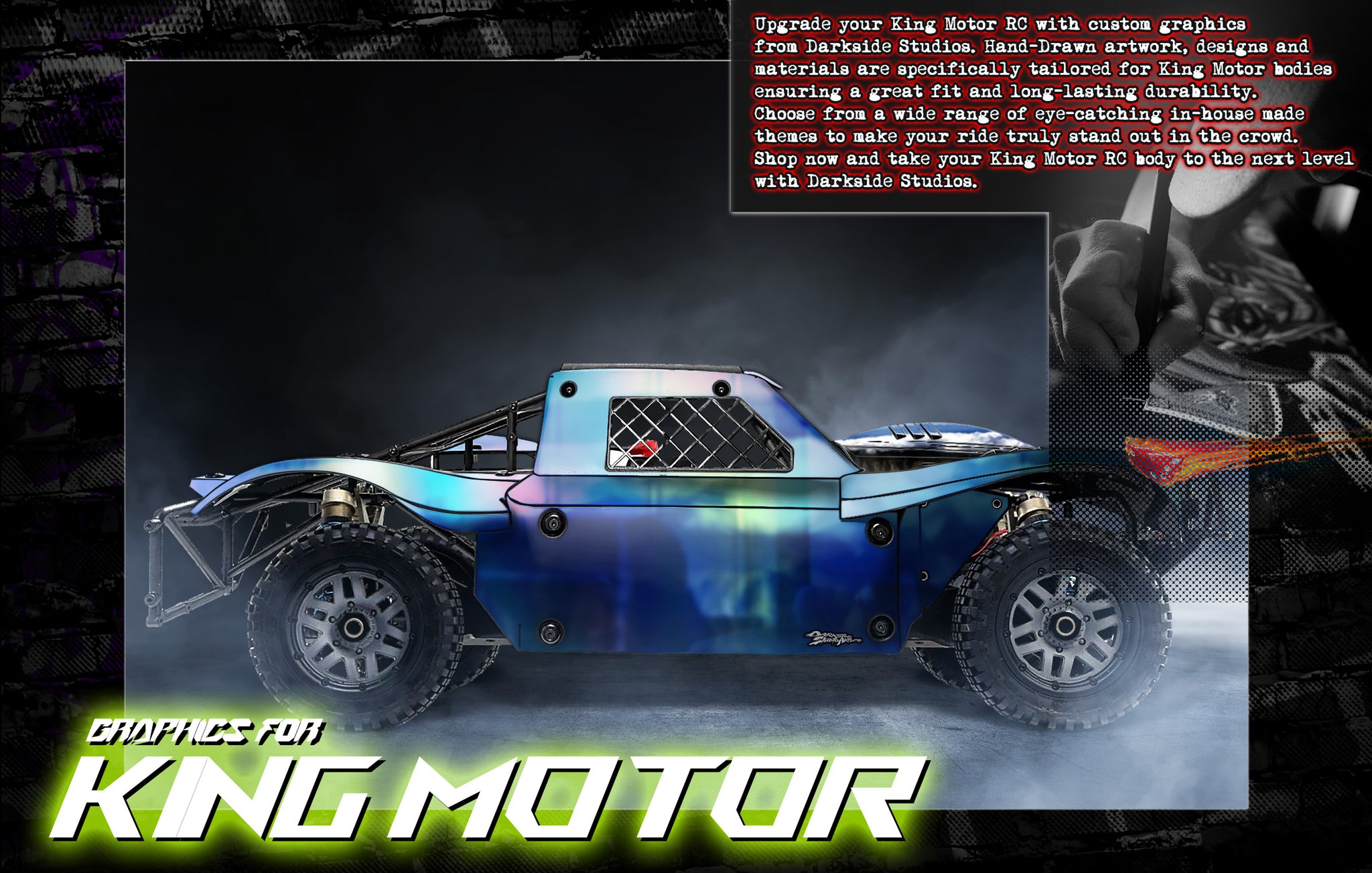 Upgrade your King Motor RC look with custom graphics from Darkside Studios.