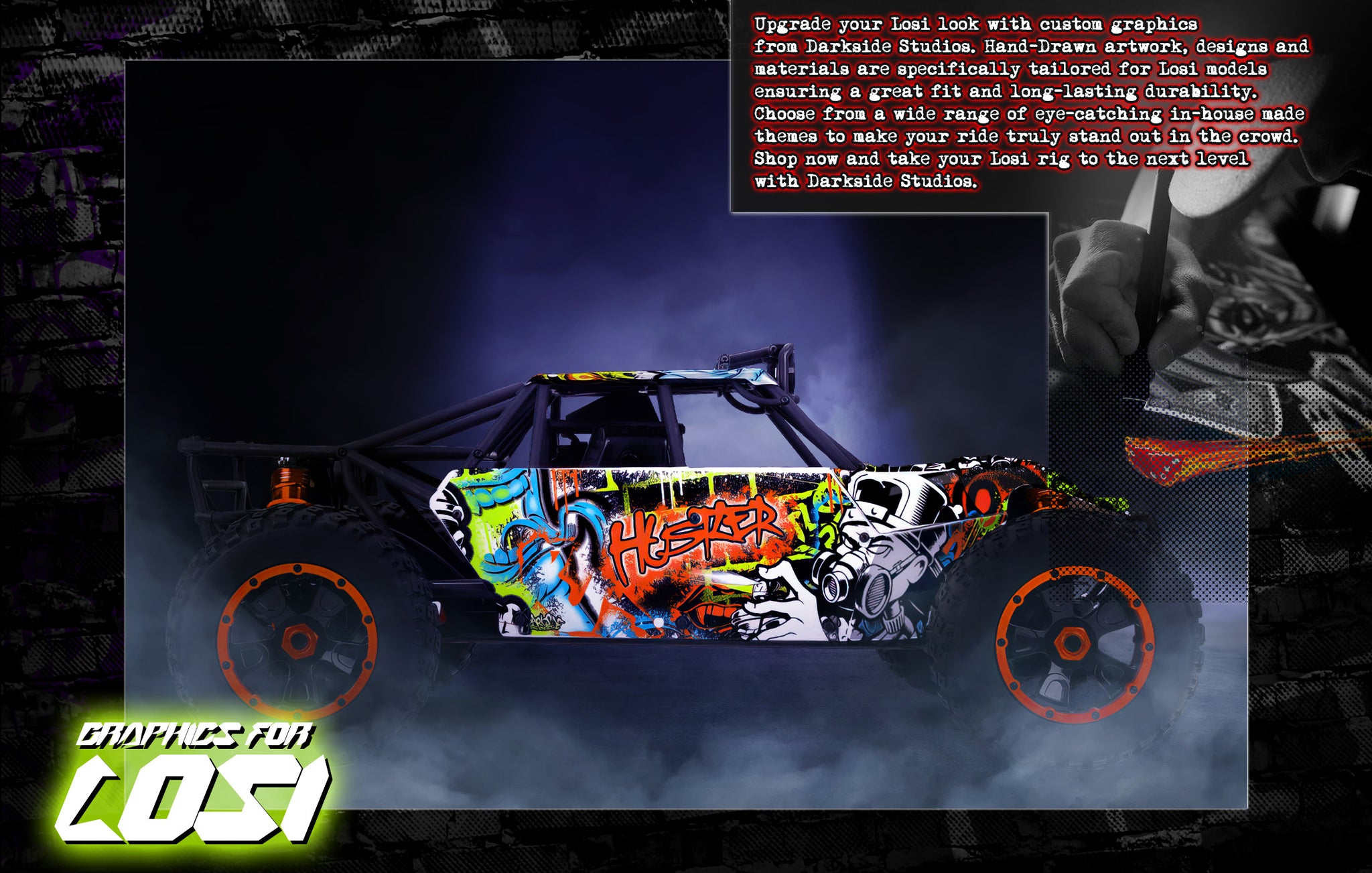 Add a touch of style and personality to your Losi model with Darkside Studio Arts LLC's chassis and body skin graphics.