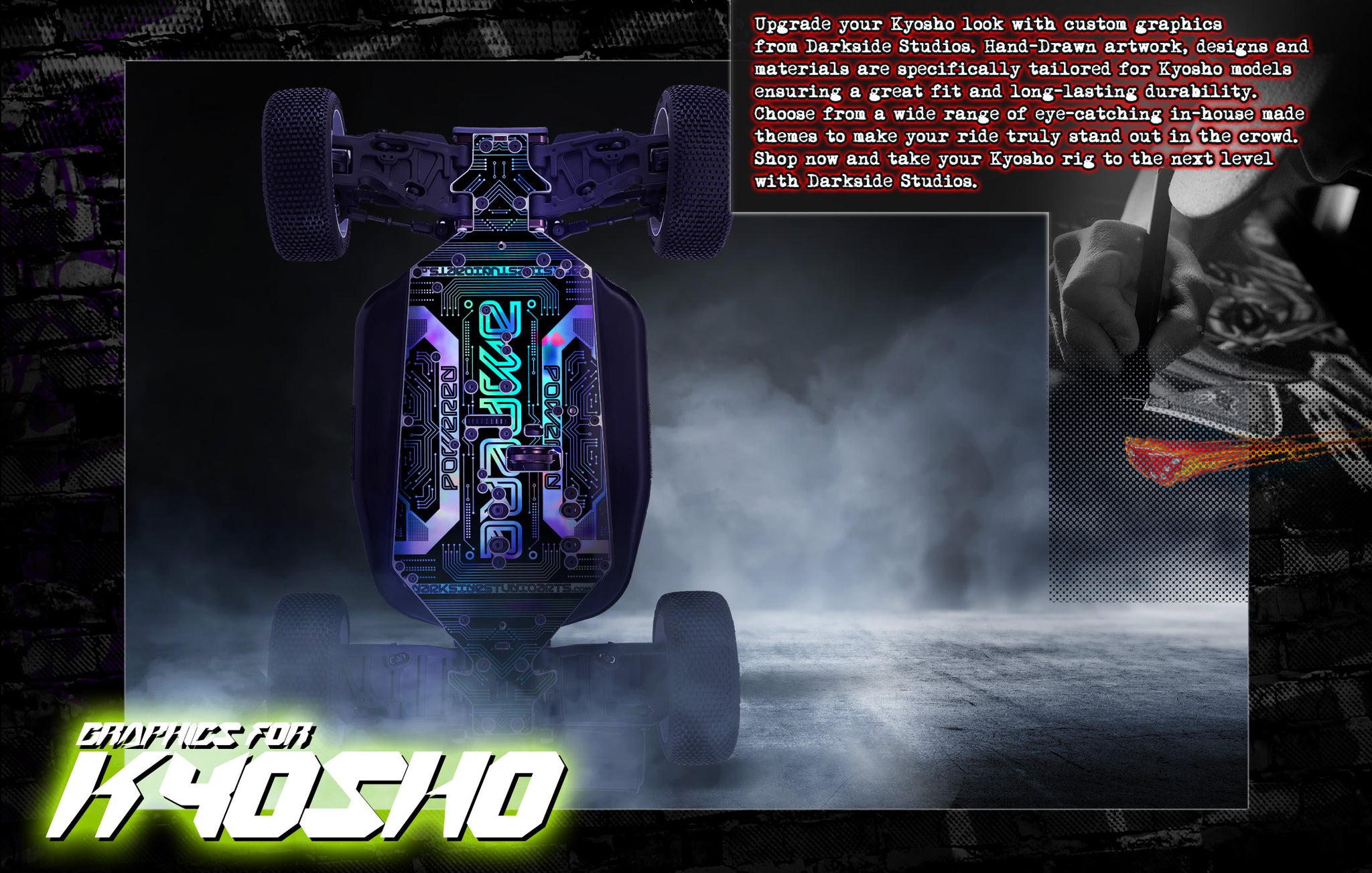 Add a touch of style and personality to your Kyosho model with Darkside Studio Arts LLC's Chassis Skin Graphics.