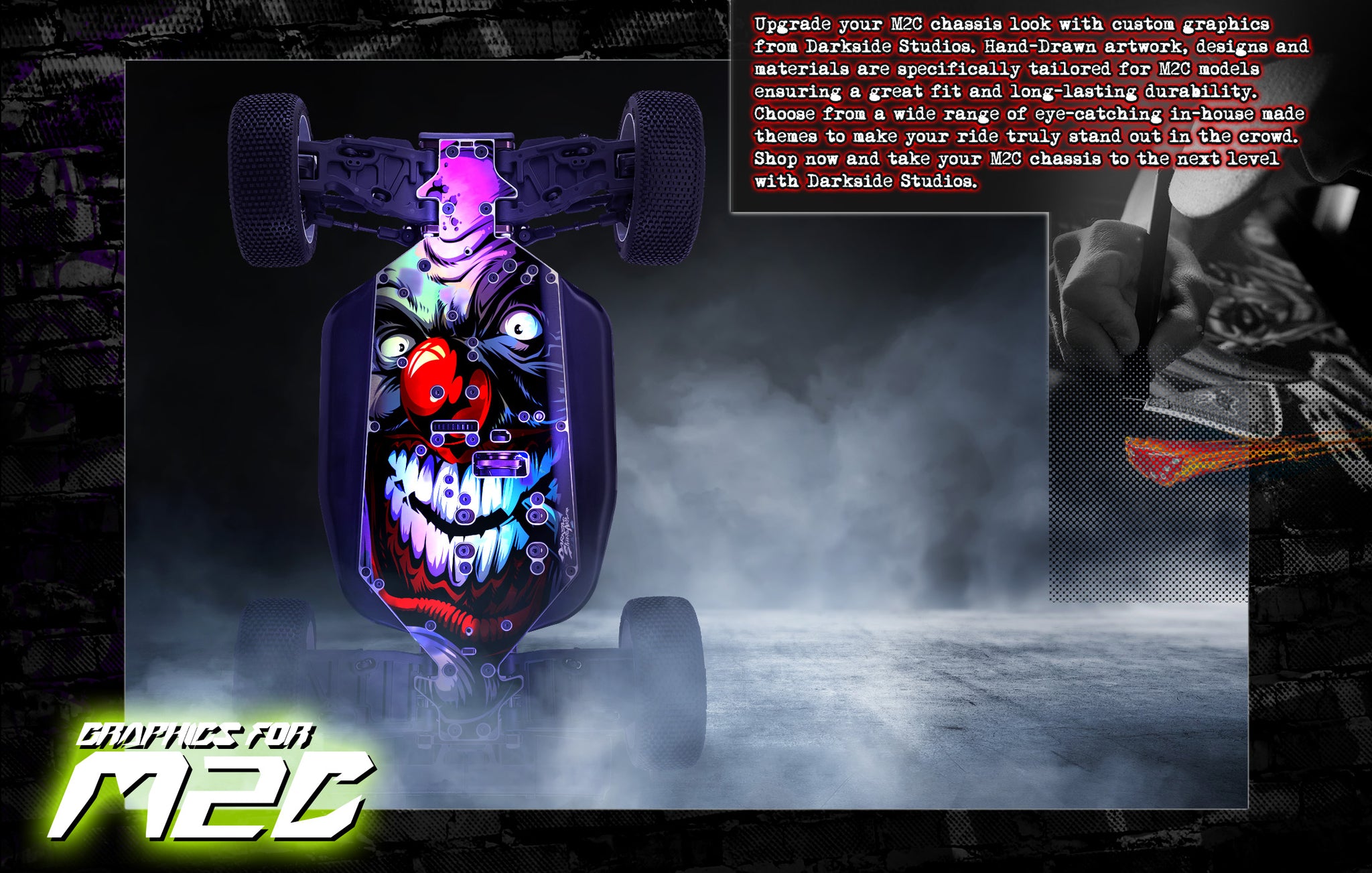 Add a touch of style and personality to your M2C chassis with Darkside Studio Arts LLC's chassis skin protective graphics.