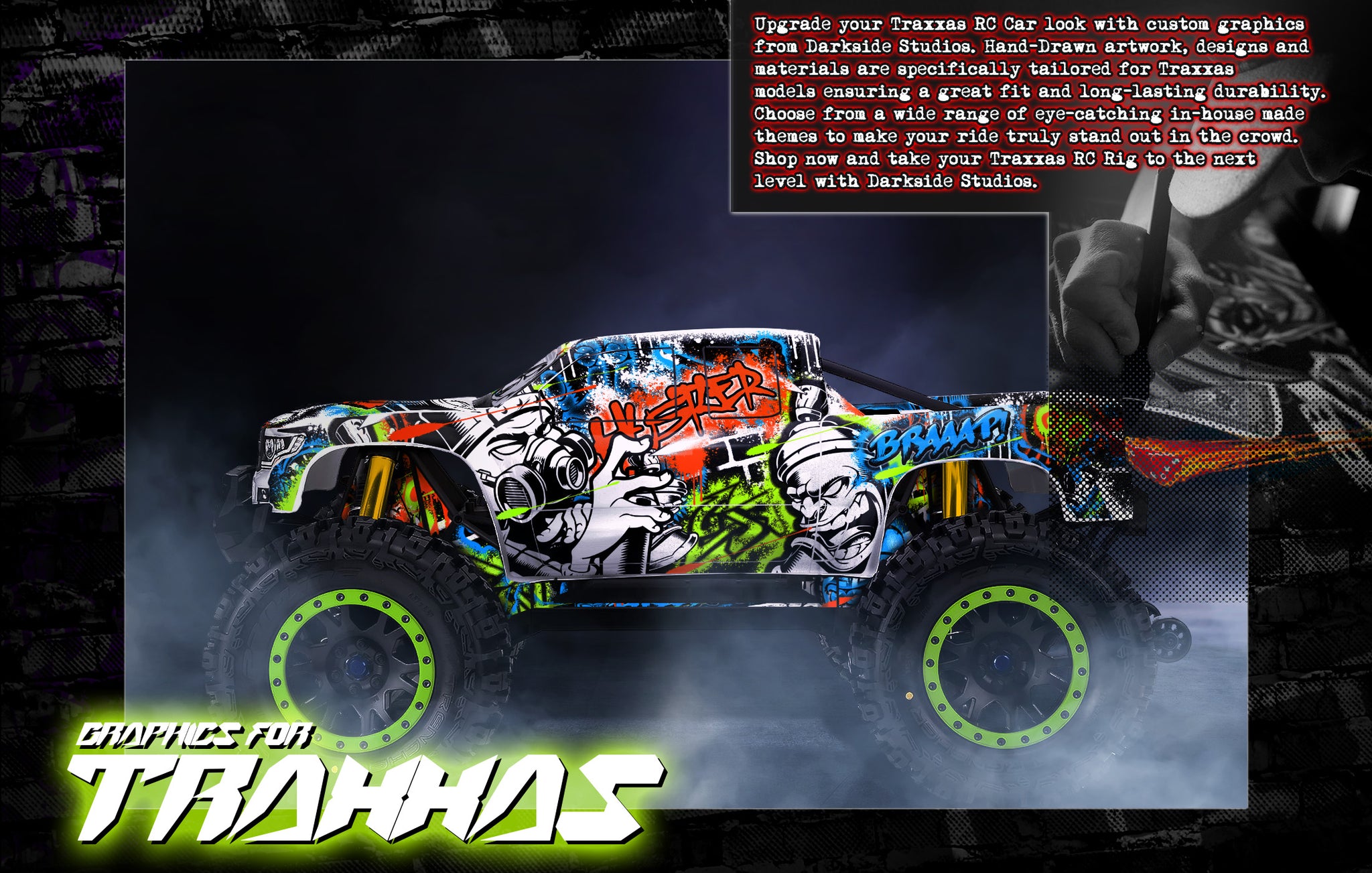Elevate the appearance of your Traxxas RC car body with a personalized touch, courtesy of Darkside Studio Arts LLC's body skin protective graphics.
