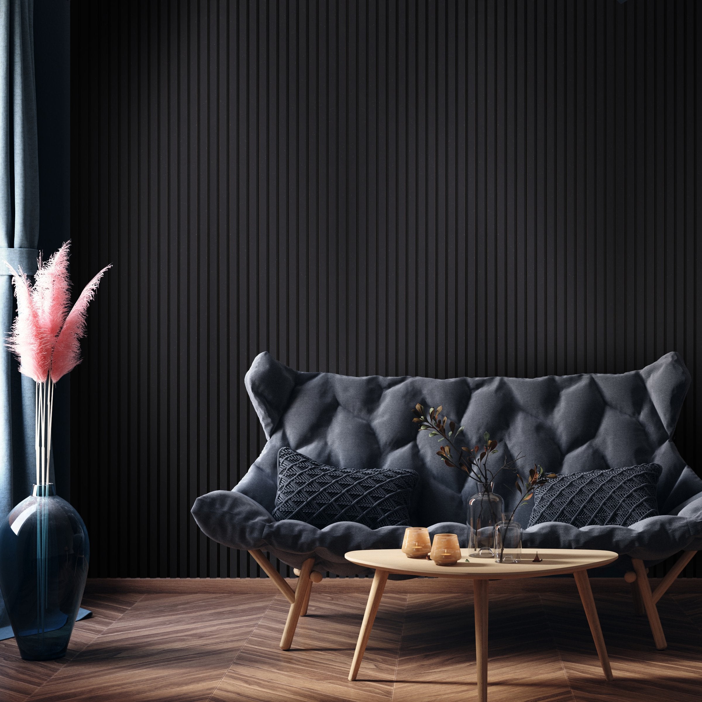 Acupanel Black Acoustic Wood Wall Panels - Living Room