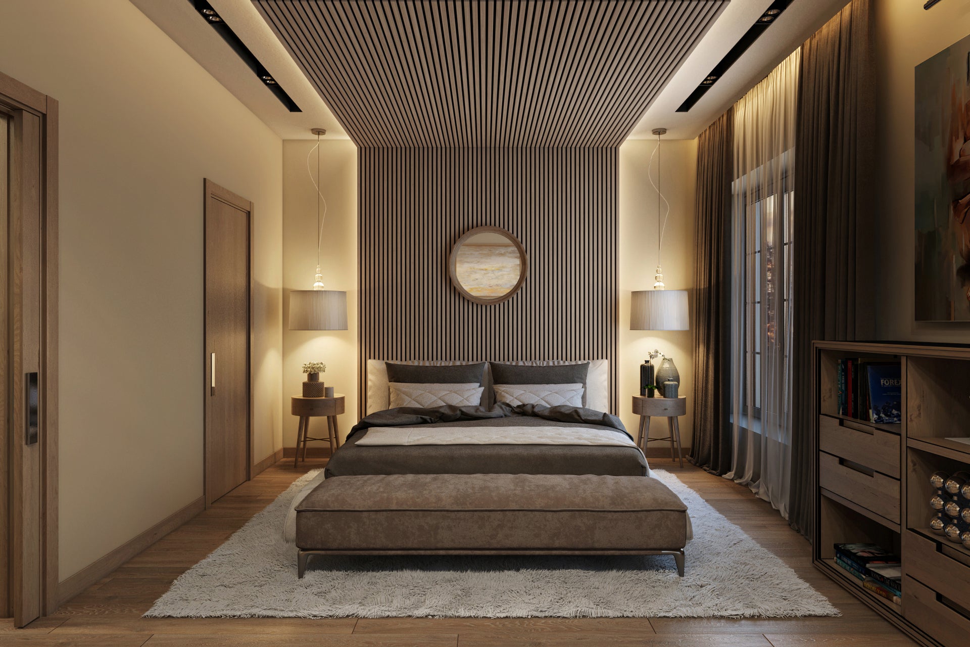 Acupanel Contemporary Walnut Wall Panels - Bedroom