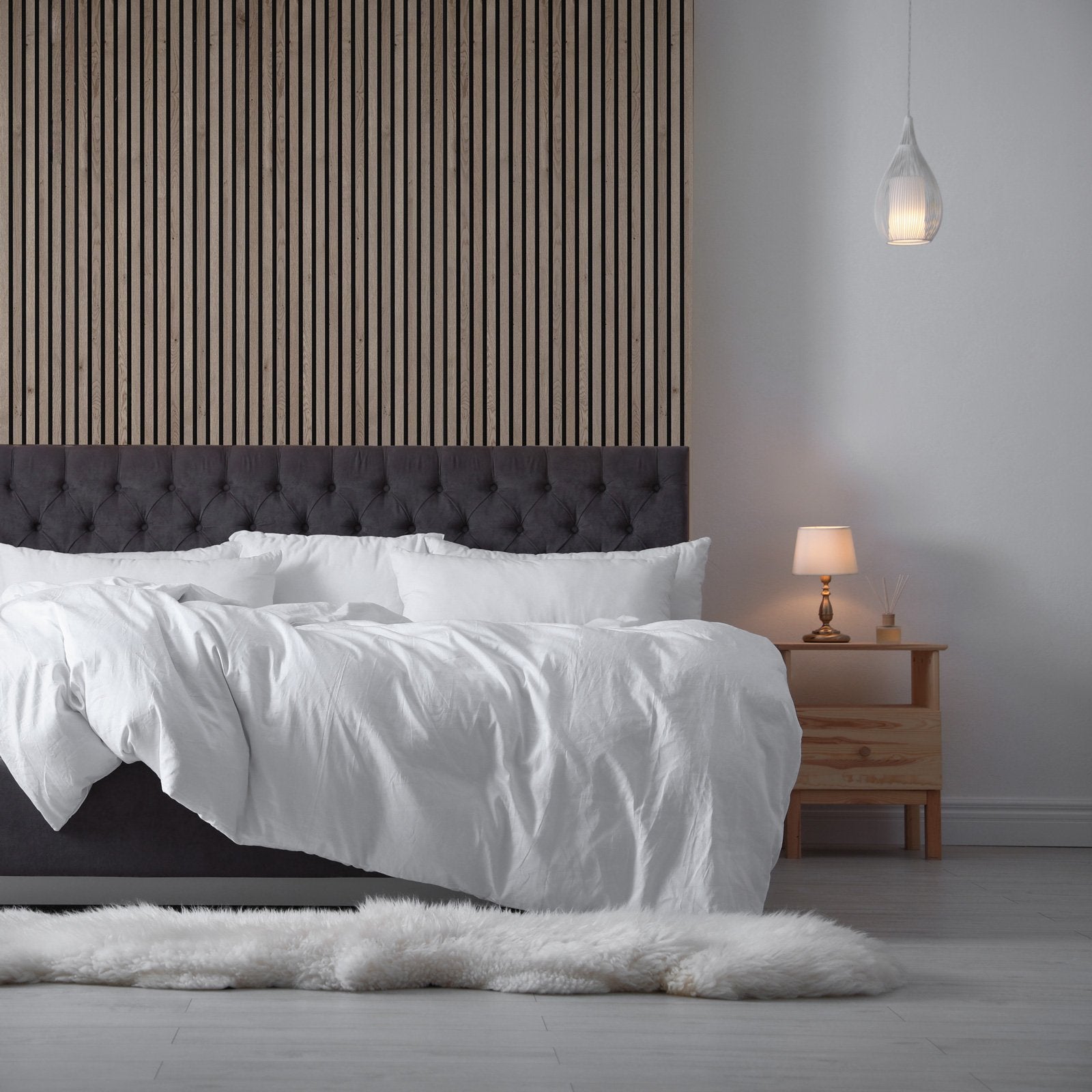 Acupanel Rustic Grey Acoustic Wood Wall Panels - Bedroom