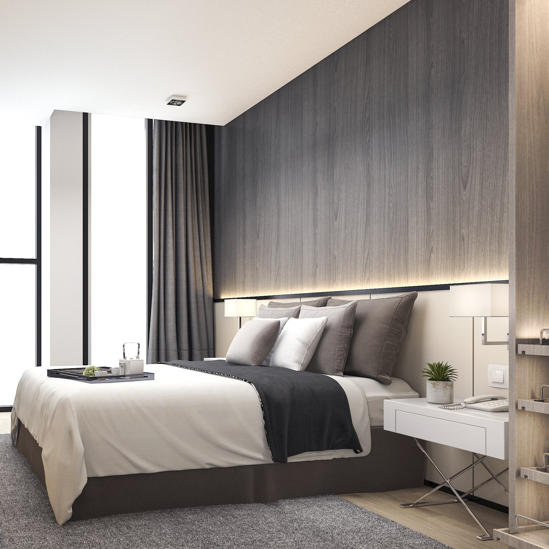 Lusso Grey Oak Crown Wood Veneer Wall Panels - Bedroom