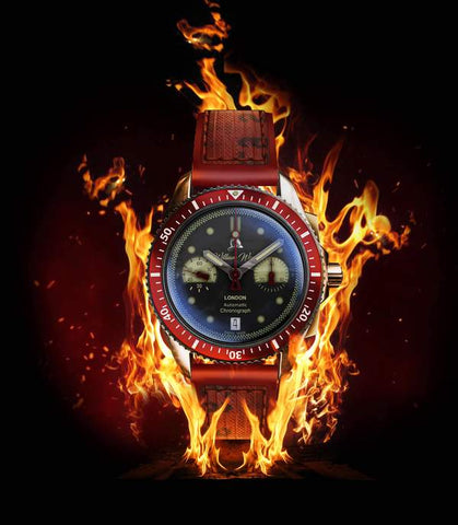 Luxury William Wood watch on a fiery background