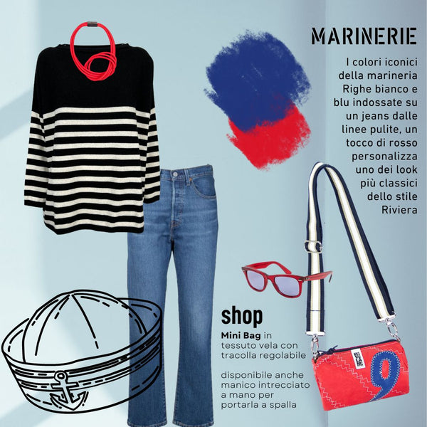 Sailor style, white and blue striped shirt with red mini bag
