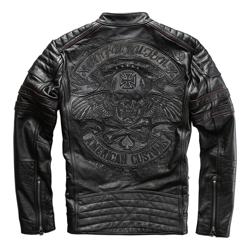 Men Black Skull Embroidery Leather Motorcycle Jacket Real Thick Cowhid ...