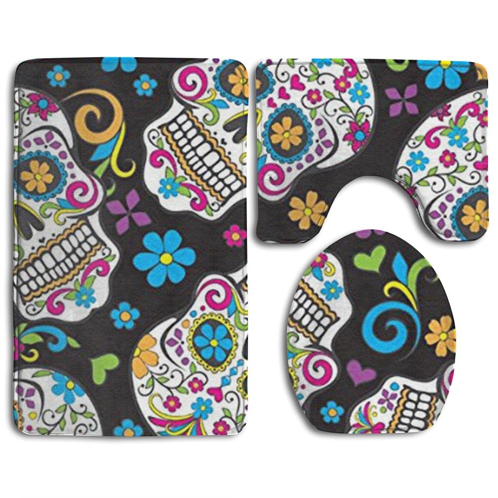 Sugar Skulls Black 3-Piece Soft Bath Rug Set Includes Bathroom Mat Con ...