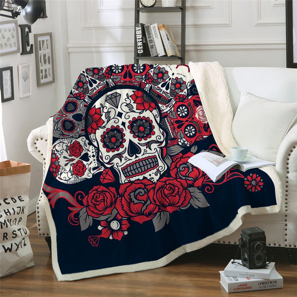 Sugar Skull Blanket Roses Microfiber Sherpa Sofa Throw Blanket Floral Awesome Skulls