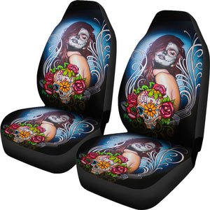 Set of 2 - Beautiful sugar skull girl - car seat cover