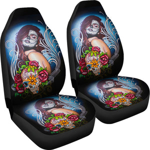 Set of 2 - Beautiful sugar skull girl - car seat cover