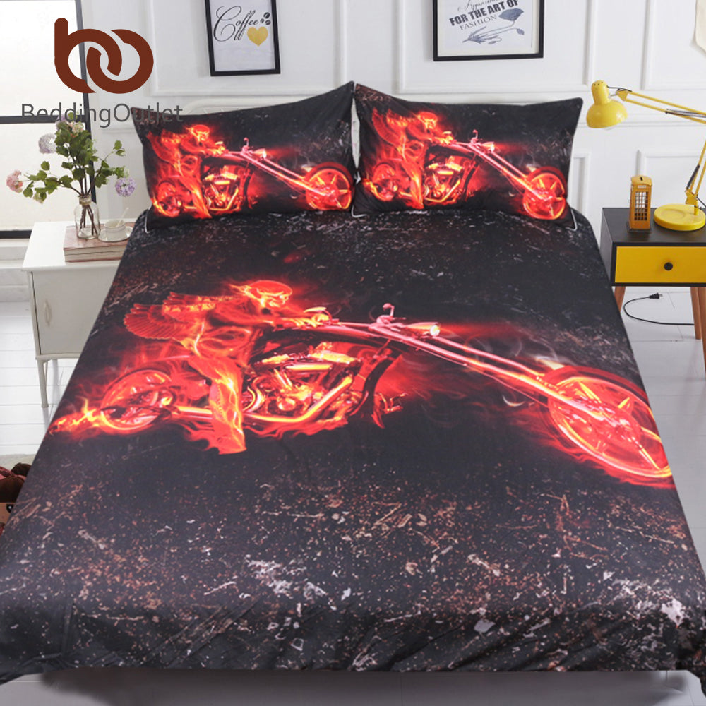 Flame Motorcycle Bedding Set Queen 3D Printed Duvet Cover Red And Black Bedclothes