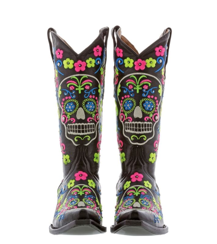 Womens Black Sugar Skull Halloween Leather Boots Western Cowgirl Style ...