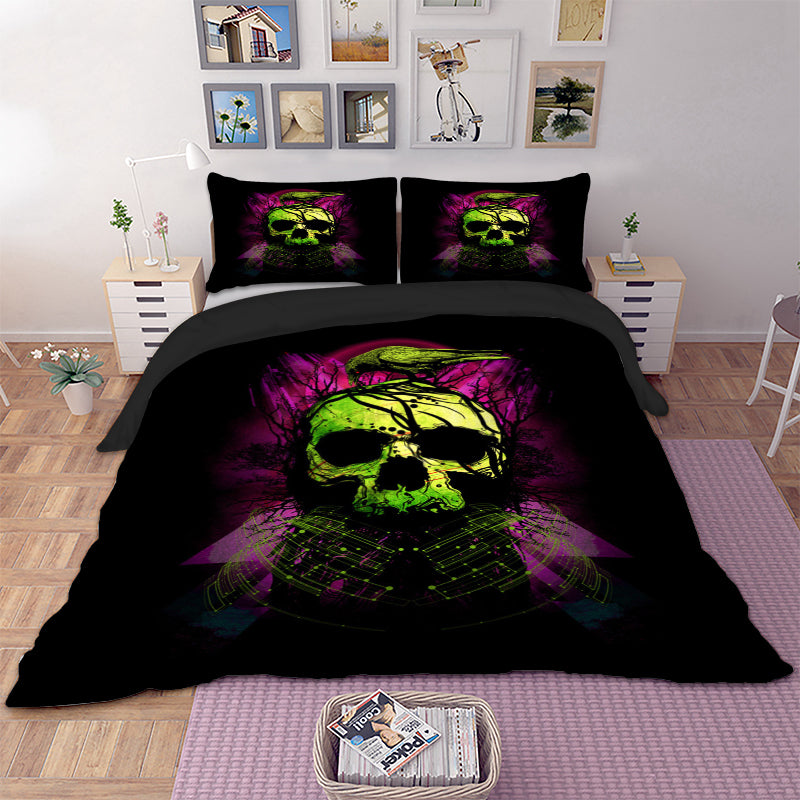 Green Skull Bird Duvet Cover Bedding Set Twin Full Queen King Size