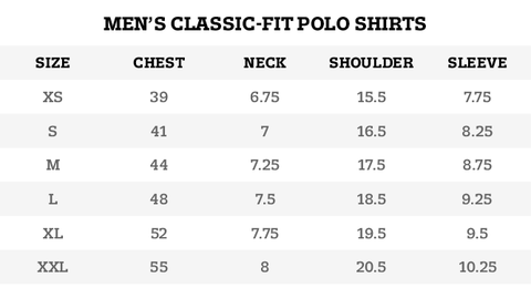 Mens Classic Polo Shirt Size Chart