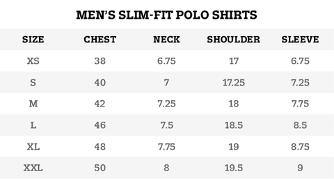 Men's Slim-Fit Polo Shirts Size Chart