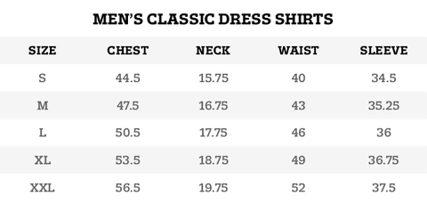 Men's Classic and Dress Shirts Size Chart