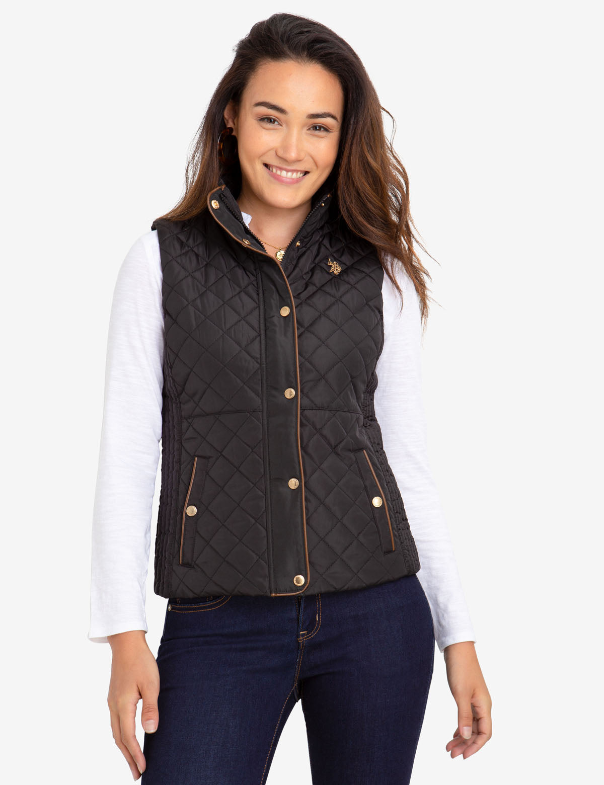 QUILTED VEST WITH FAUX LEATHER PIPING 