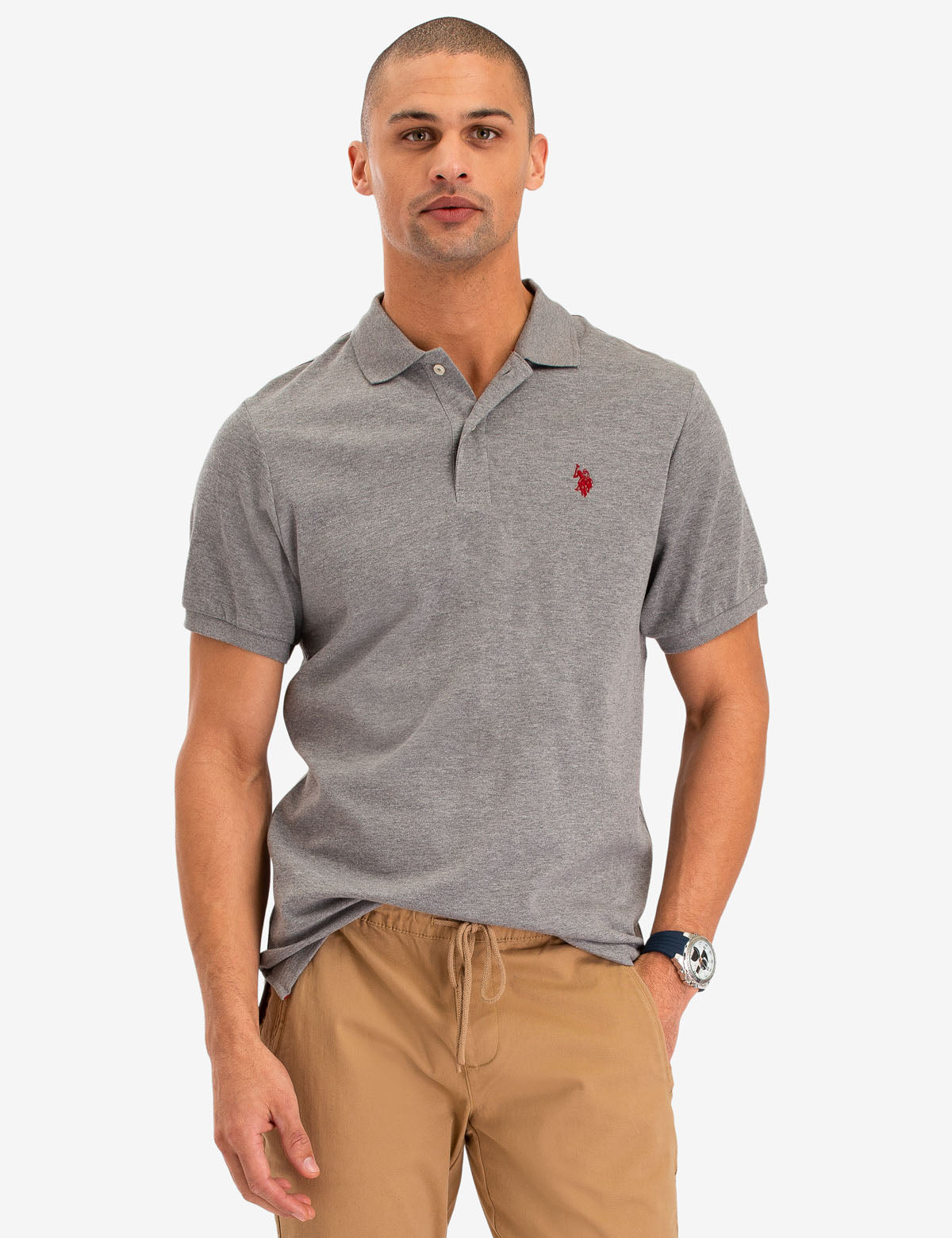 gray polo with khaki pants