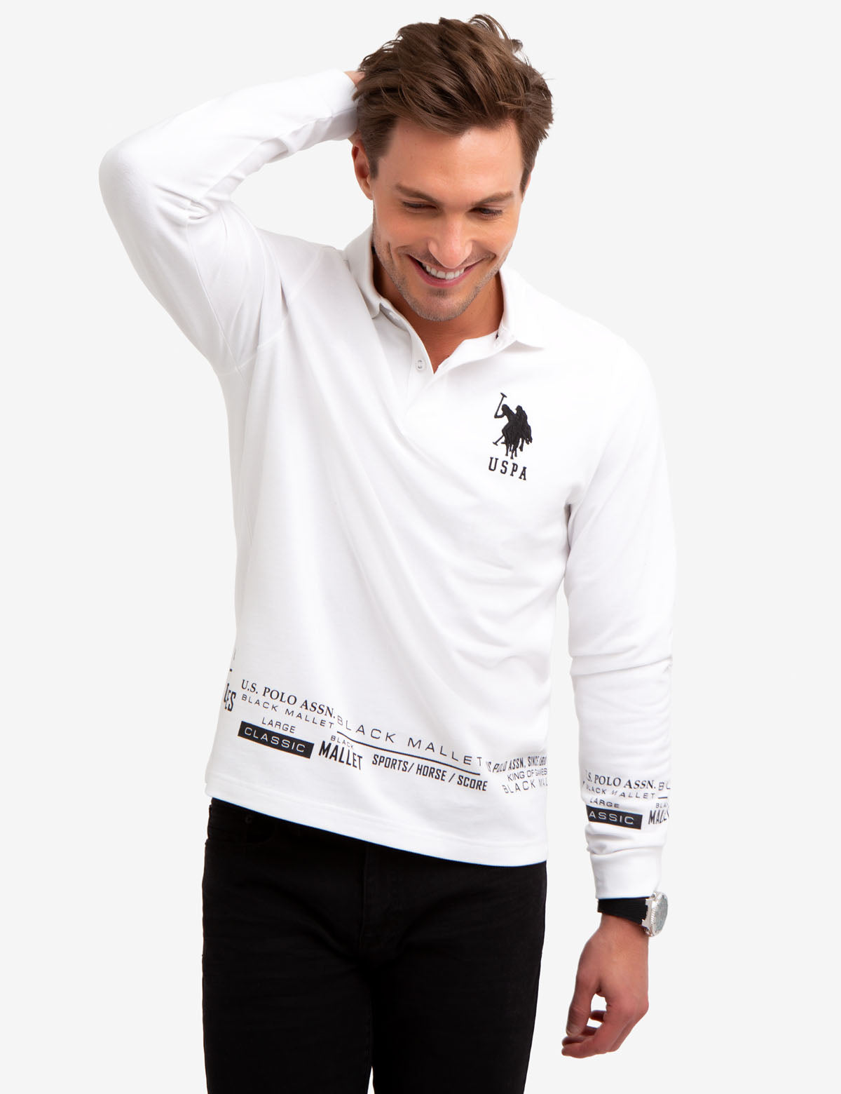 black long sleeve polo shirt with red horse