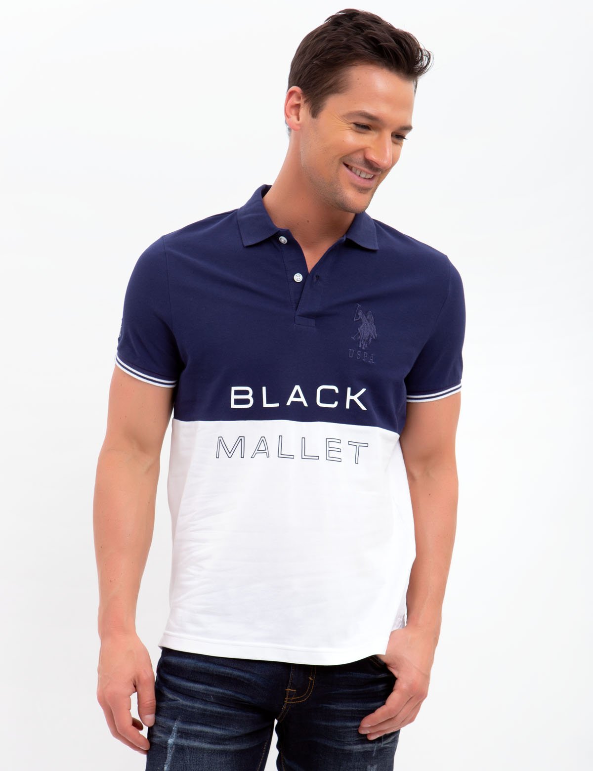 navy polo with black pants