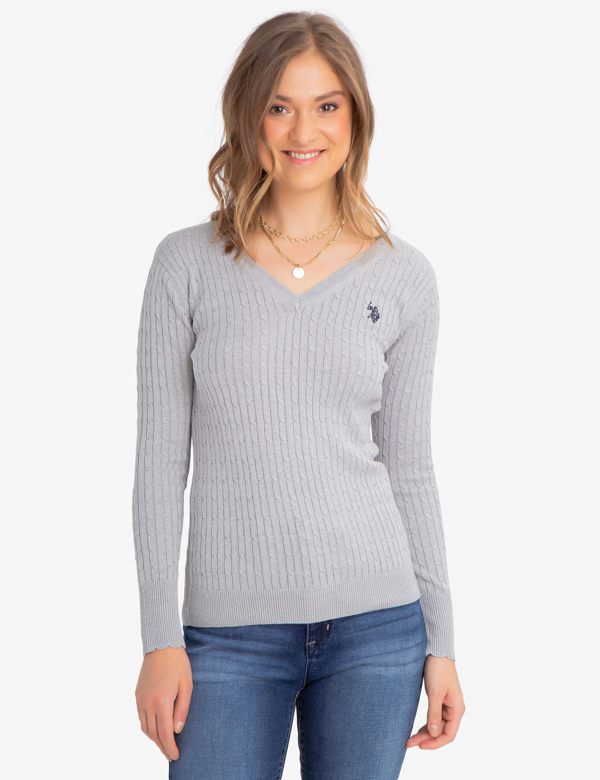 ralph lauren women's v neck cable knit sweater