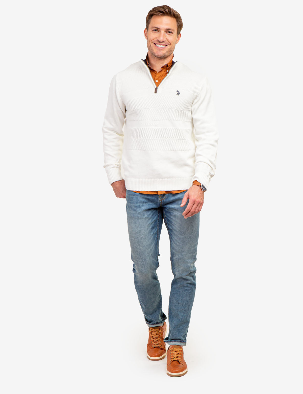 white polo half zip sweater