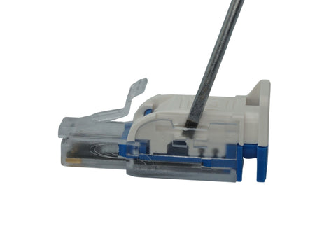 screwdriver in Cat6A field term plug