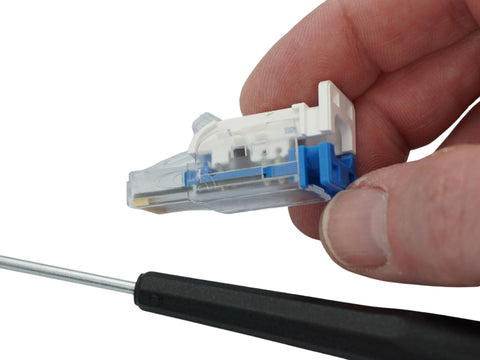 One side unlatched and on an angle cat6a unshielded field term plug