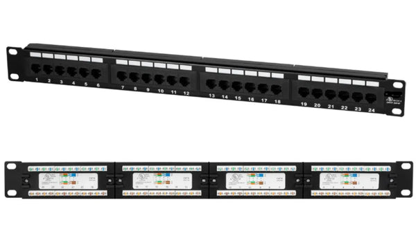 Monolithic punch down patch panel.  Rear shown to demonstrate where punch down occurs.  This patch panel is Cat6 rated.