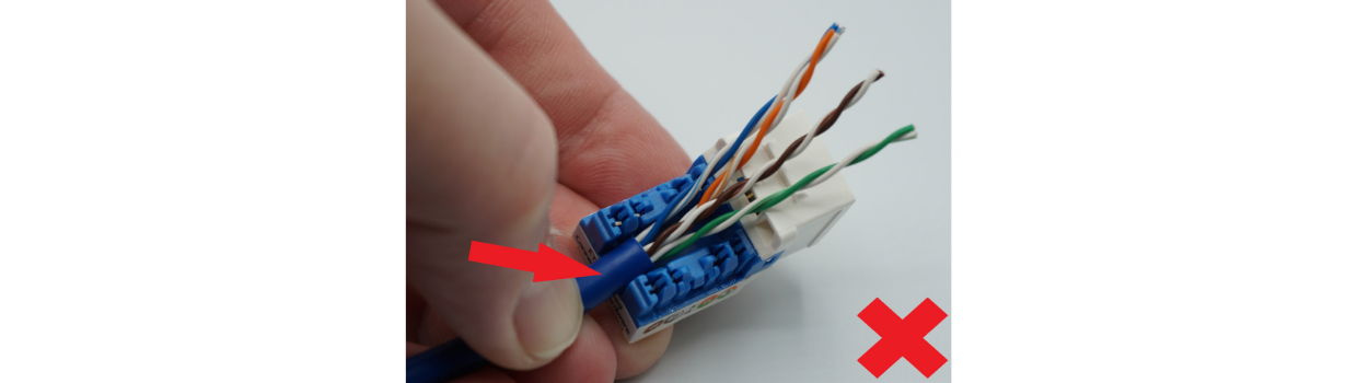 Do not place any part of the cable jacket into the jack housing.  Doing so will make proper termination difficult or impossible.