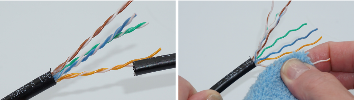Using the cable jacket piece, untwist each conductor pair. Once untwisted, wipe each conductor individually with the alcohol rag