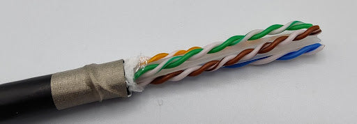 This shielded Ethernet cable has had the foil shield removed, but the drain wire is tacked down to the jacket with copper fabric conductive strips called CUStrips