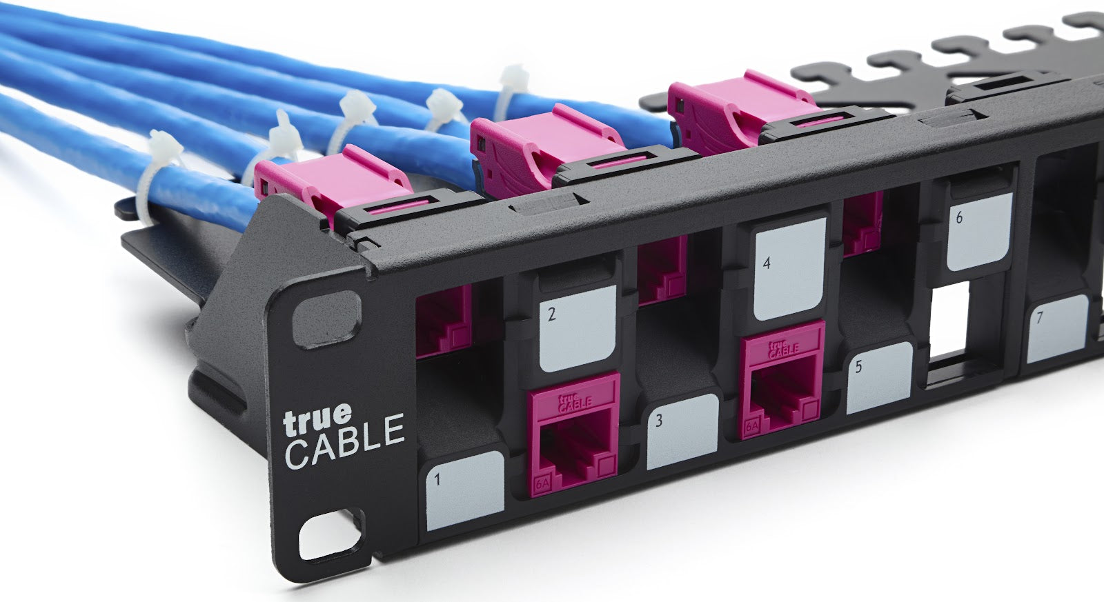 trueCABLE staggered patch panel with ethernet cables going into the back of it