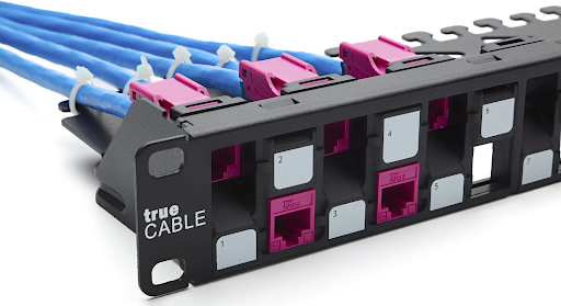 truecable patch panel with cords going into the back of it