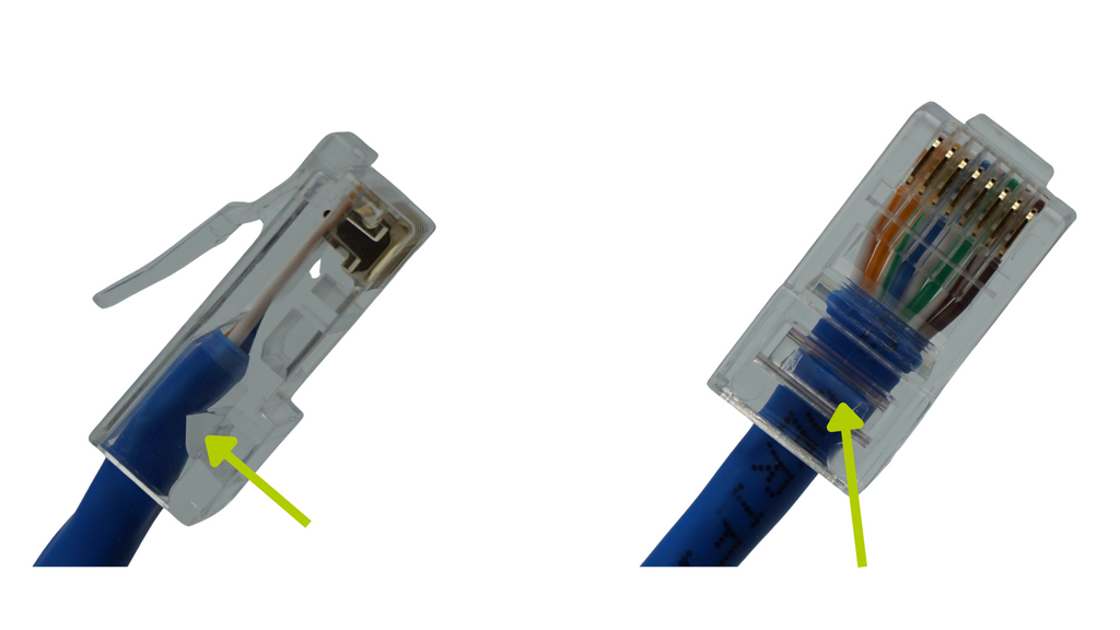 Strain latch engaged and crimping into cable jacket (left).  Strain latch presser bar cut-out (right).