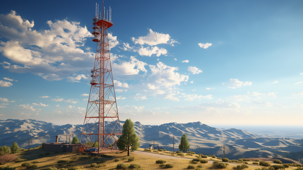 a photo of a cellular tower on top of a mountain with a blue sky in the background