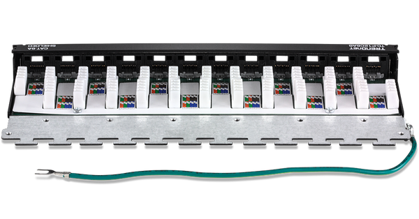 Rear view of patch panel and visible grounding wire