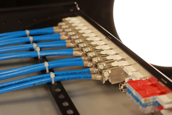 Image of a patch panel with blue cables connected to it. The patch panel is mounted on a rack. The text "Patch Panel" is visible on the patch panel.