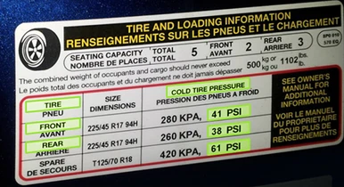 Etiquette pression des pneus à froid