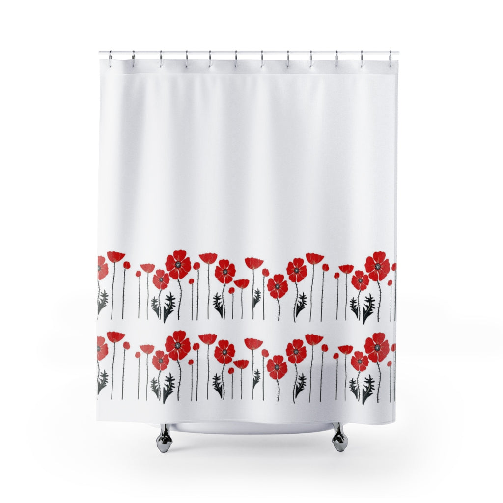 red and white shower curtain