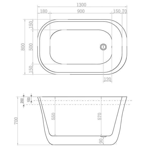 Decina Lindo 1300mm Freestanding Bath technical drawings