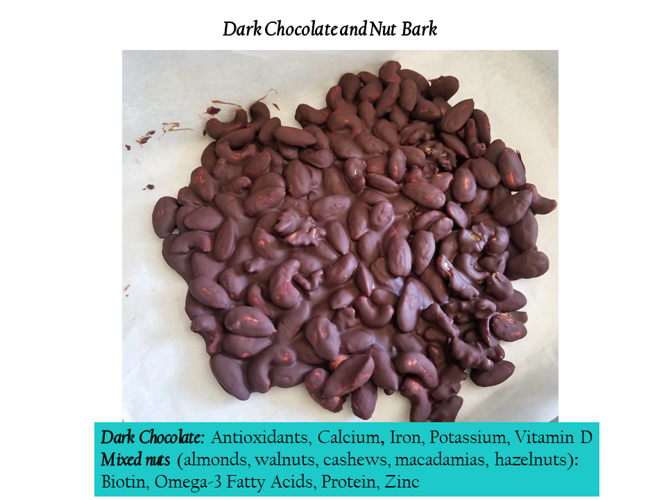 Dark Chocolate and Nut Bark Dark Chocolate: Antioxidants, Calcium, Iron, Potassium, Vitamin D Mixed nuts (almonds, walnuts, cashews, macadamias, hazelnuts): Biotin, Omega-3 Fatty Acids, Protein, Zinc