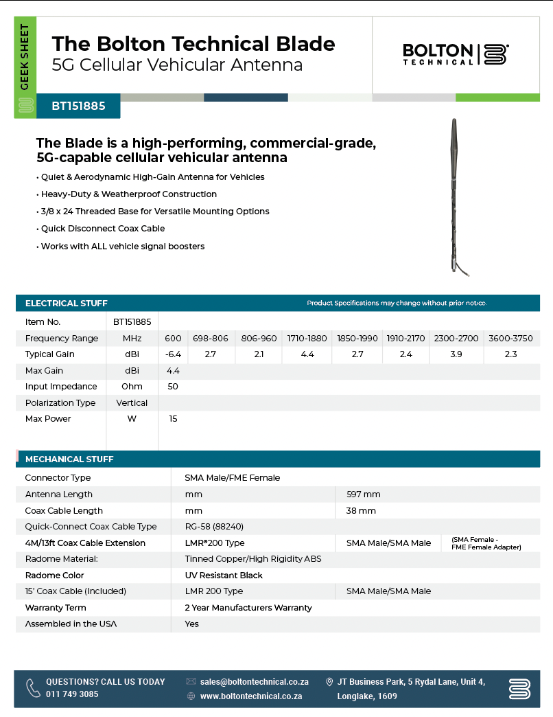 The Blade Antenna Spec Sheet