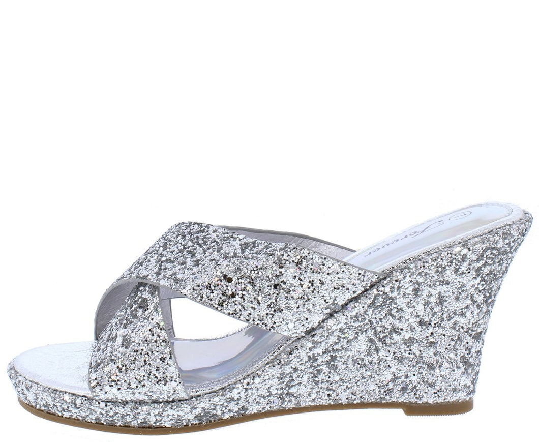 silver glitter wedge shoes