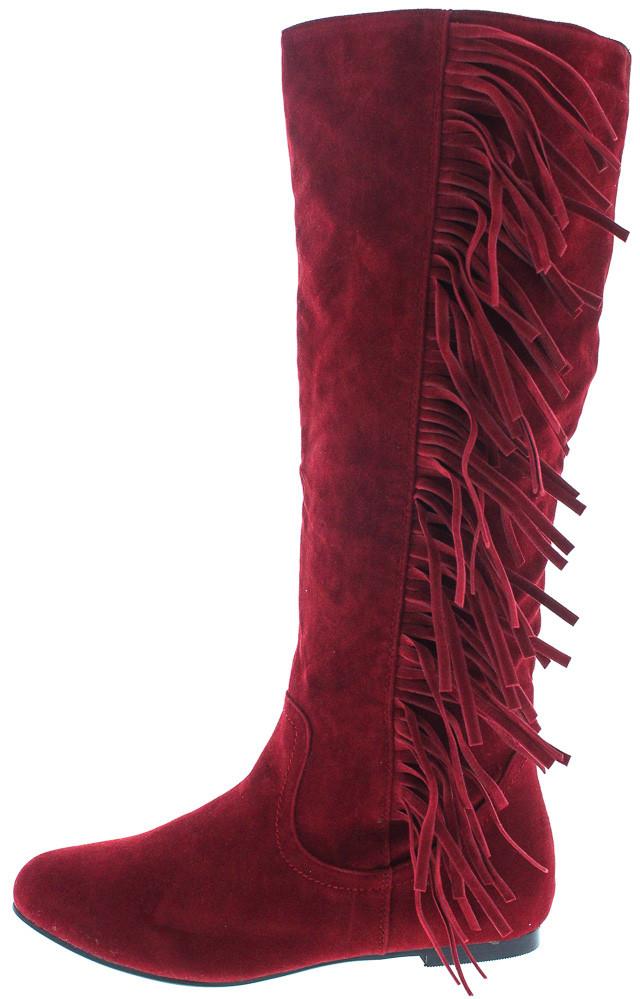 Vickie21 Red Faux Suede Fringe Boots 