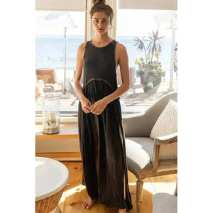 Sleeveless Racerback Back Zipper Front Slit Knit Maxi Dress, Black - Funky Chunky Jewels