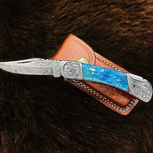 Pocket Knife Dyed Blue Bone 6.5'' Damascus Steel Knife Steel - Funky Chunky Jewels
